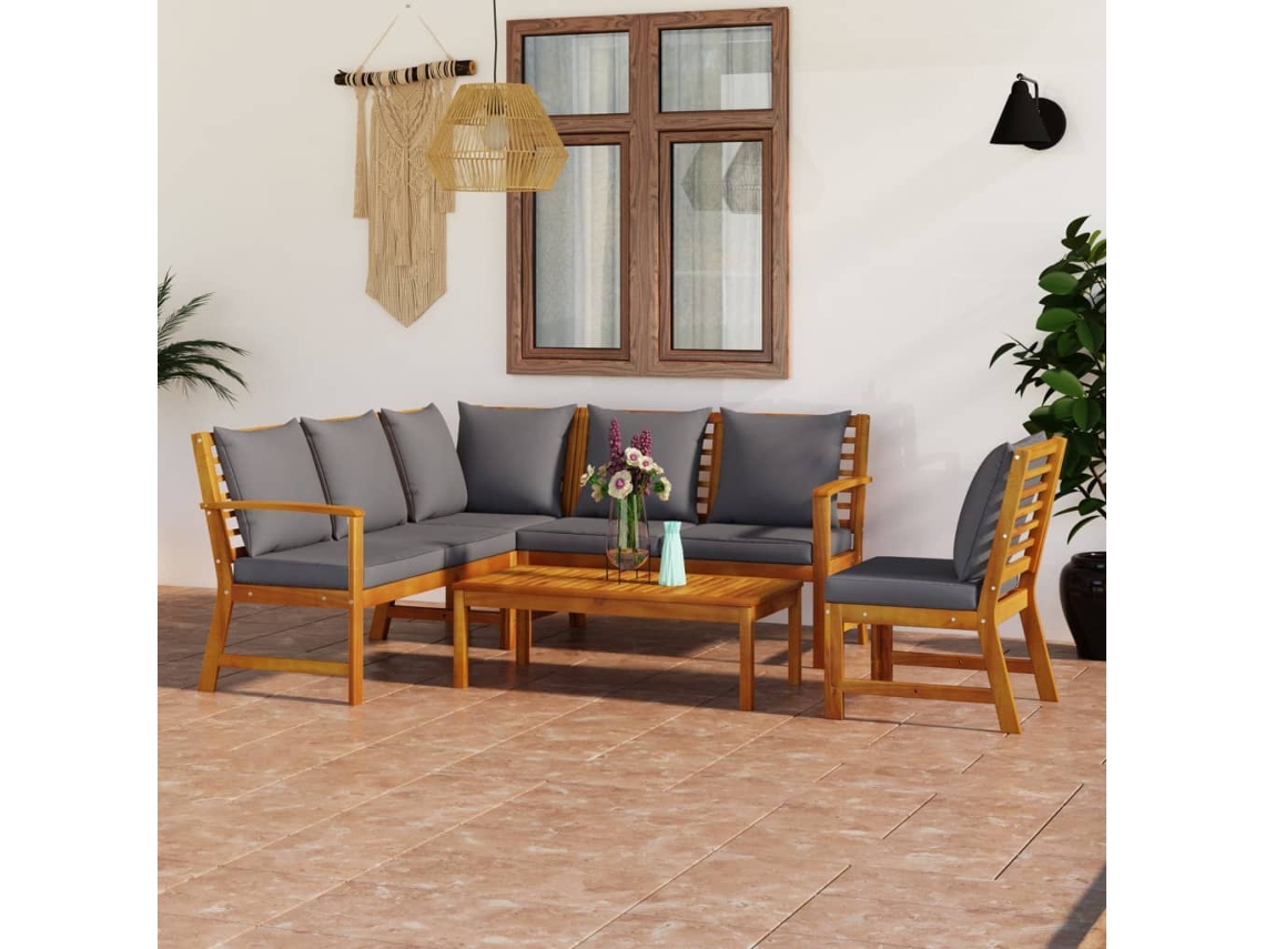 Vidaxl 5 Pcs Conjunto Lounge De Jardim C/ Almofadões Acácia Maciça