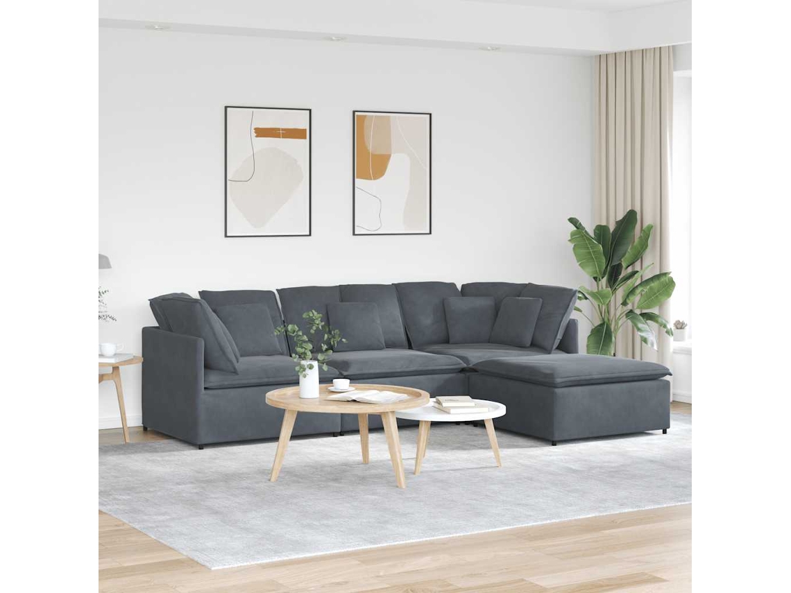 Vidaxl Sofá Modular Com Pufes E Almofadas Veludo Cinzento-escuro