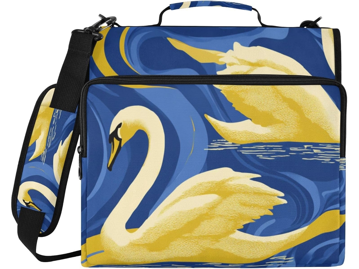 Elegante organizador de arquivos em formato de cisne dourado e azul, com 3 argolas, 8 cm de altura e compartimentos inclusos.