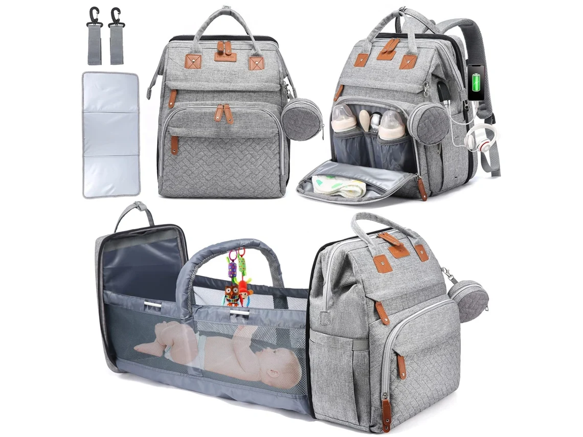 Mochila para Bebê com Bolsa Mochila, Grande Capacidade, Portátil, Multifuncional Cinza 