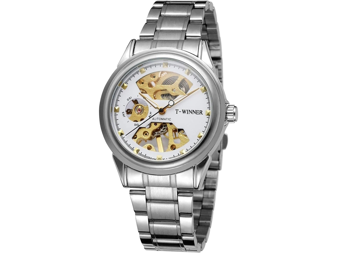 Skeleton Mecânico Masculino Pulseira de Dois Tons de Aço Inoxidável Relógio À Prova DÁgua-Prata Branca