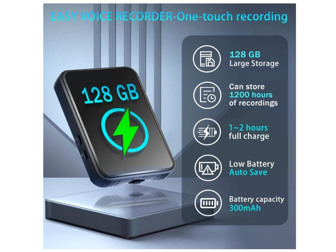 Dispositivo Gravador Magnético Ativado Por Voz de 128 Gb Registros de Voz Mp3 com Microfone Pequeno Gravador de Áudio Usb-C para Trabalho NISSGU