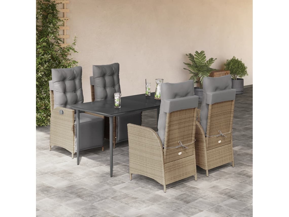 Conjunto 5pcs Jantar Jardim C/ Almofadões Vime Pe Bege Misturado Dkd Home Decor