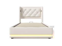 Cama de Solteiro Estofada 90x200 Cm Pu Branco com Armazenamento Hidráulico, cabeceira com Usb Tipo C e Led, Colchão Não Incluído PAPRIKA