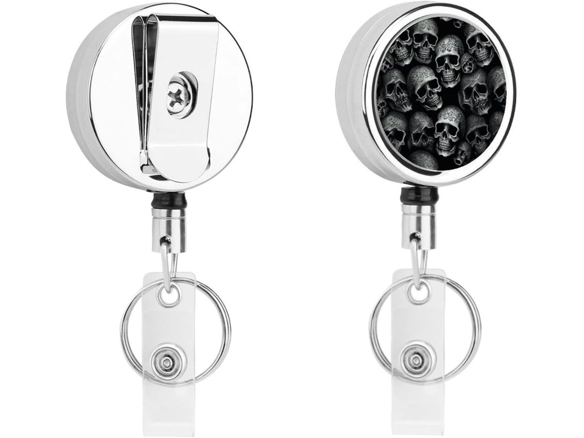 Porta Crachá Retrátil Com Caveira Preta, Moderno E Durável, Em Metal, Com Cordão De Nylon De 68cm, Ideal Para