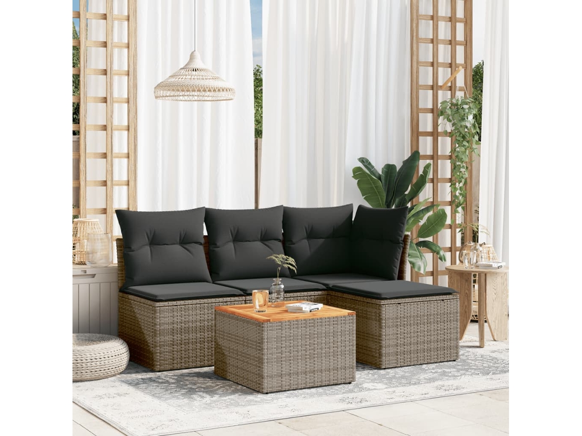5 Pcs Conjunto Sofás De Jardim C/ Almofadões Vime Pe Cinza Dkd Home Decor