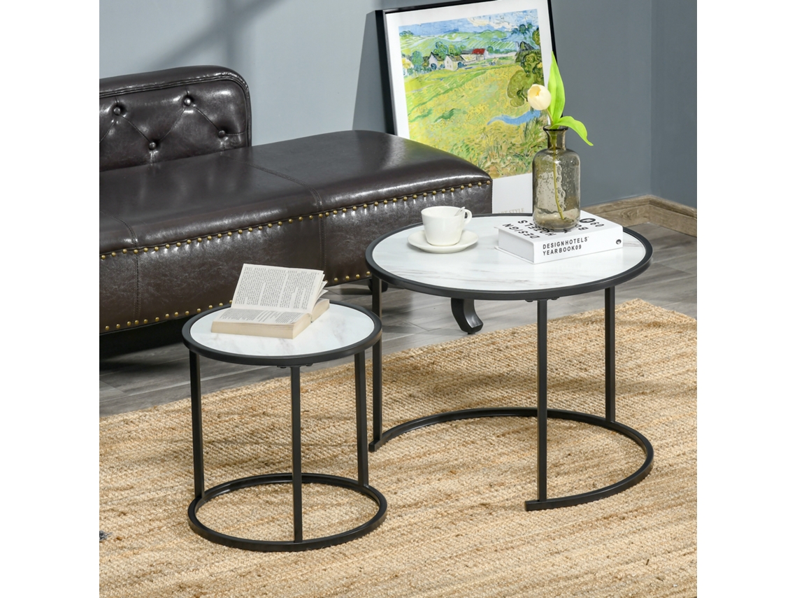 Conjunto De 2 Mesas Auxiliares Redondas Empilháveis Mesa Centro Modernas C/bancada Em Efeito Mármore E Estrutura Aço Ø60x46cm E Ø40x40cm