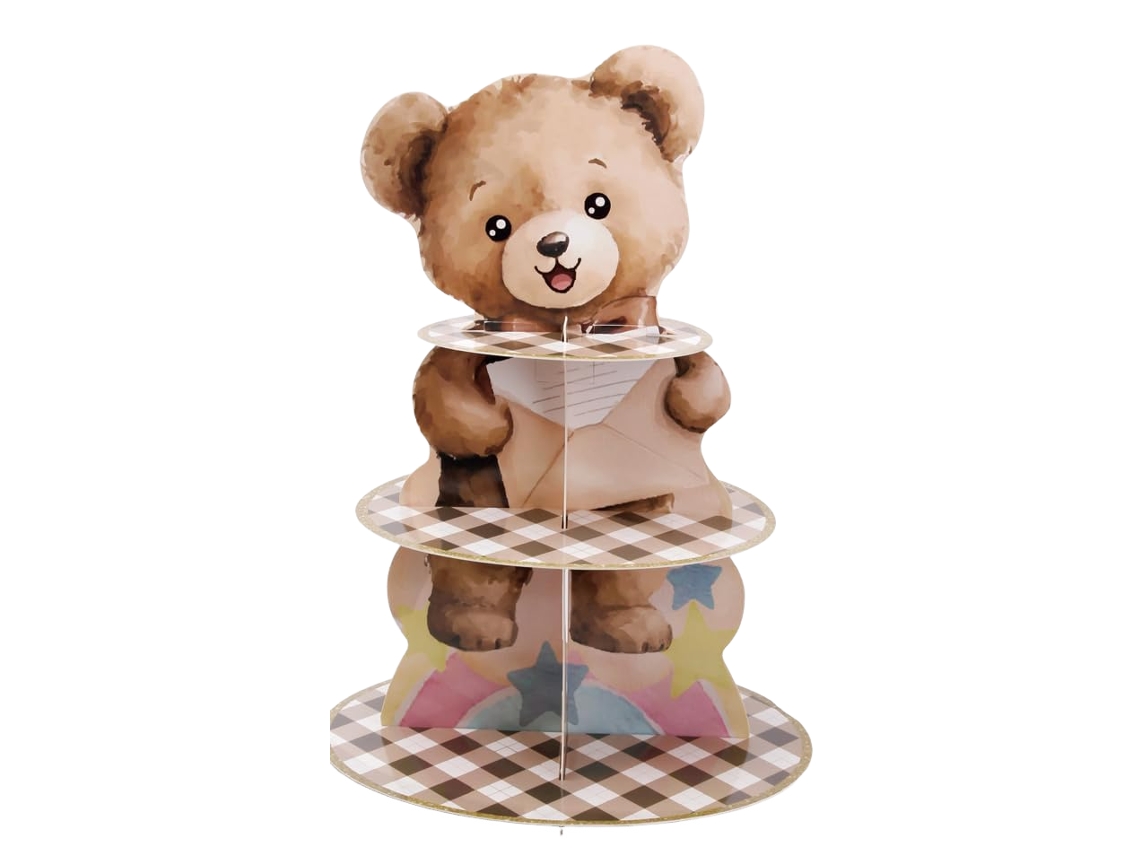 Suporte Para Cupcakes De 3 Andares Em Formato Urso Marrom, Torre Sobremesas Papelão Com Tema Ursinho Pelúcia, Chá Bebê, Festa Infantil E Rev