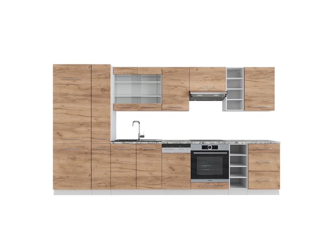 Cozinha Fame-Line, 355 cm, Mármore PT, Carvalho dourado/branco VICCO