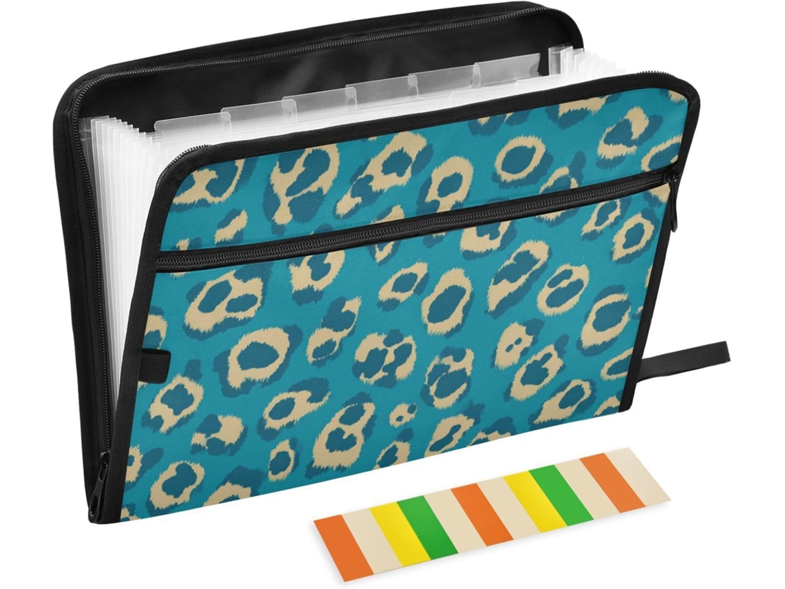 Pasta Organizadora De Papel Com Estampa Leopardo, Cor Verde Azulada, 13 Bolsos, Tamanho A4 E Carta, Com Fechamento Em