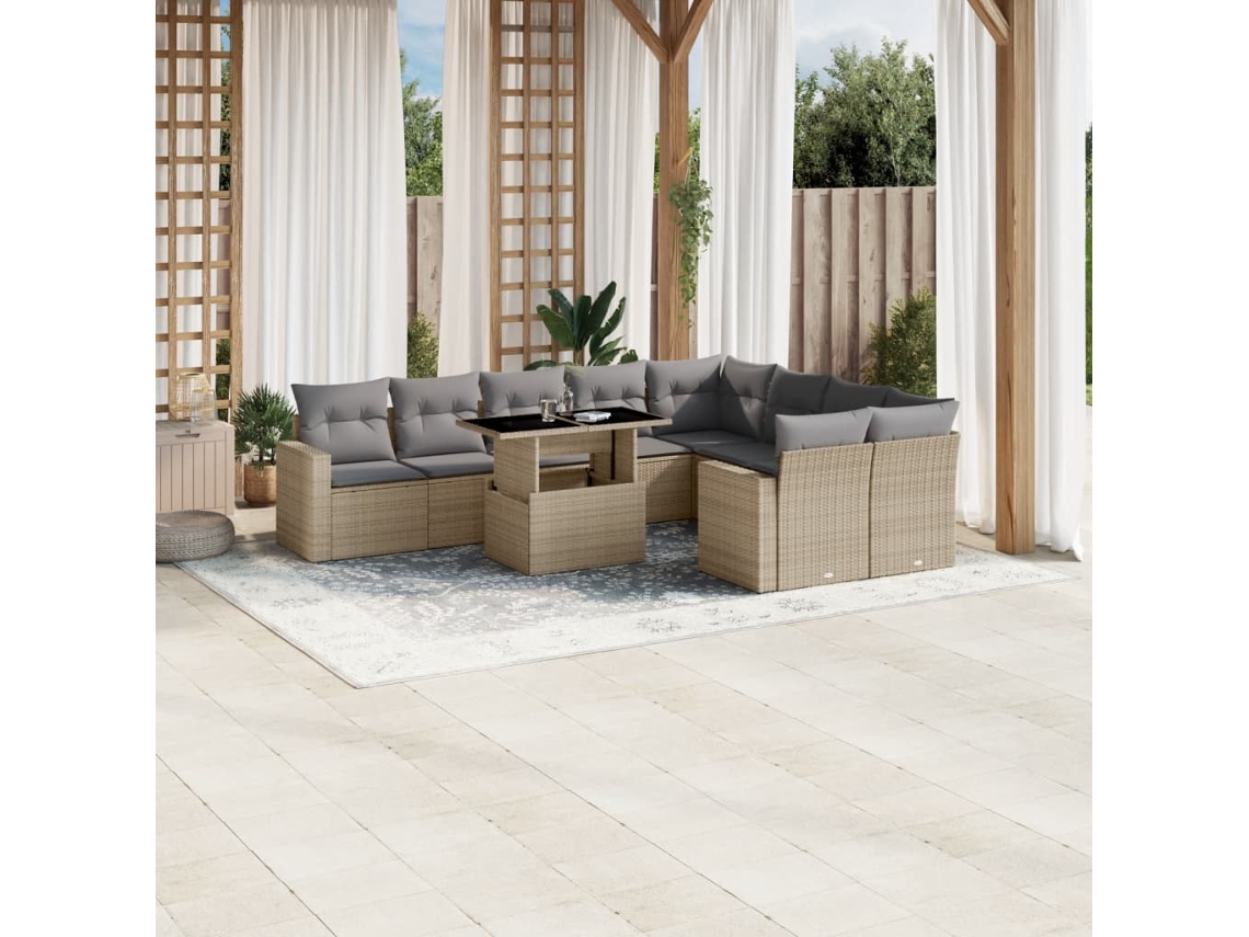 Vidaxl 10 Pcs Conjunto De Sofás P/ Jardim Com Almofadões Vime Pe Bege