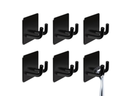 Conjunto 6 Ganchos Adesivos Sem Furo, Aço Inoxidável 304 Preto, Suporta 120kg, Serve para Toalhas, Roupas e Acessórios de Banheiro
