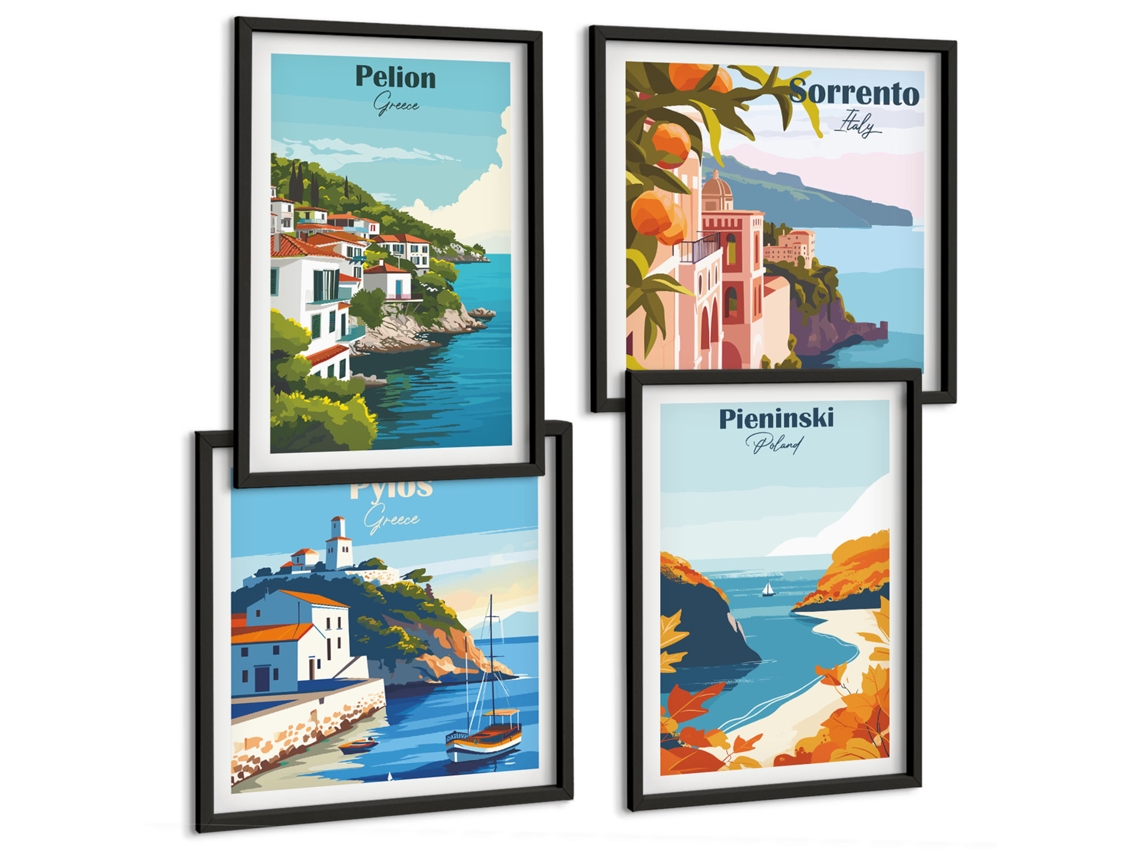 Composição De Quadros Paisagens De Cidades Litorâneas Espelharte (4 Peças)