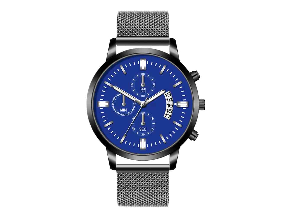 Reloj De Cuarzo Para Hombre Con Calendario Dial Redondo Correa De Acero Negro Azul