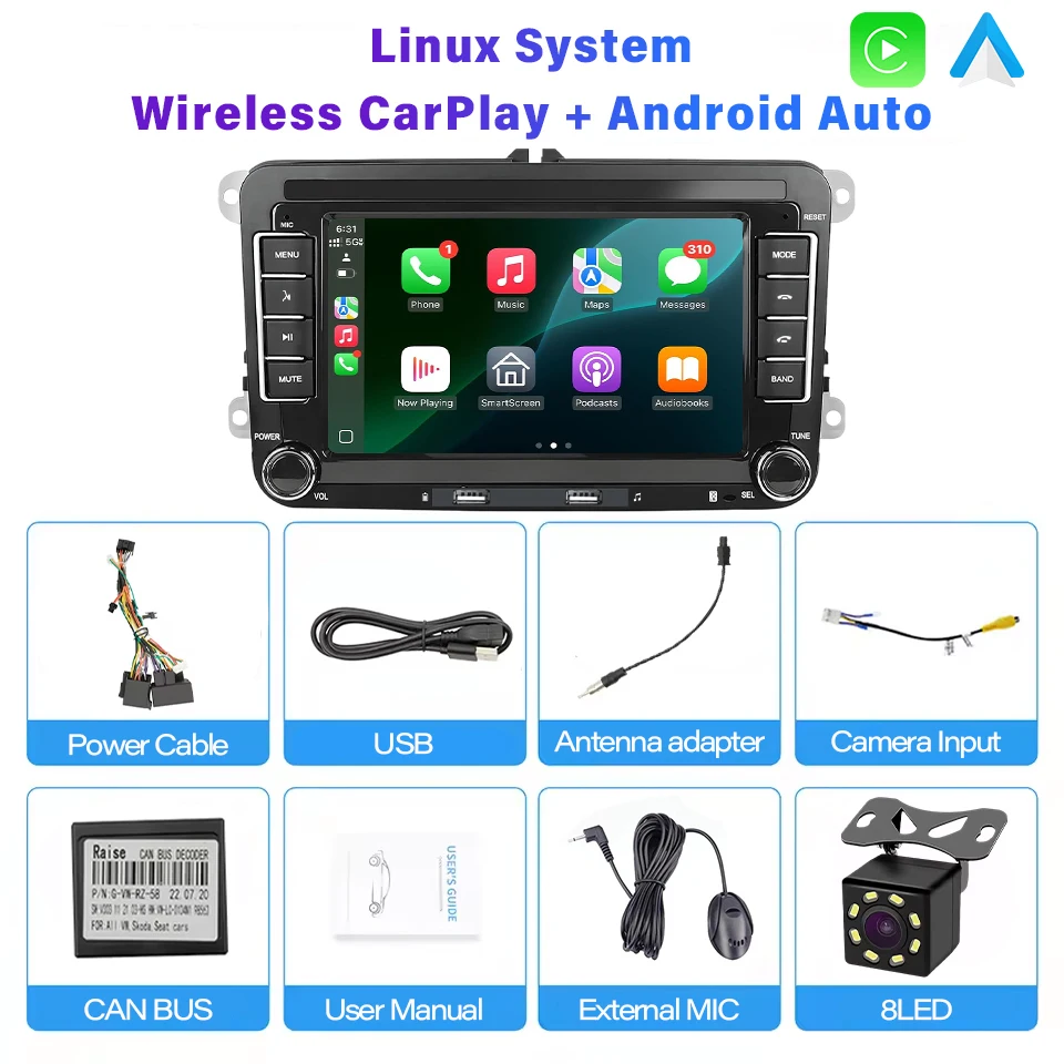 (volkswagen) Sistema Multimídia Veicular Carplay Sem Fio De 7 Polegadas Para Veículos Volkswagen E Skoda.