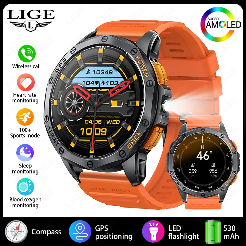 (silicone Laranja) Smartwatch Com Gps, Lanterna, Tela De 1,43 Polegadas E Bateria De 530mah De Alta Capacidade