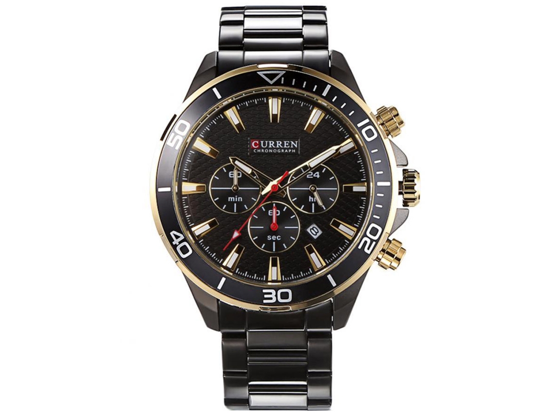Relógio de pulso masculino de quartzo com pulseira de aço e mostrador redondo preto.
