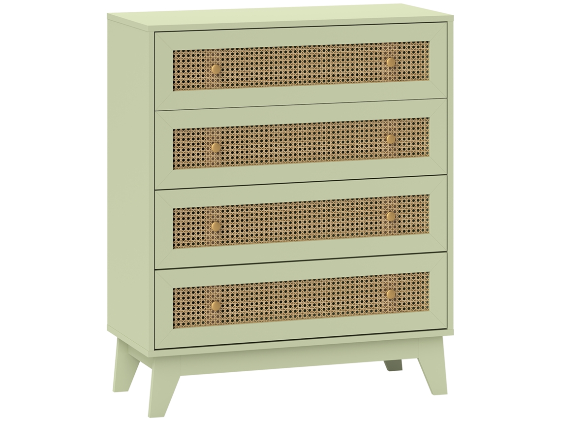 Cômoda com 4 Gavetas, Rattan, Madeira Clara, 80x35x95 cm, Verde CHEZMOI
