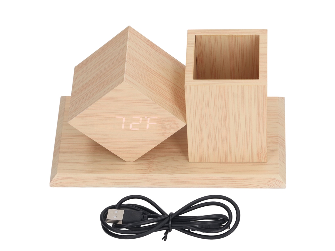 Reloj Despertador Digital De Madera Con Portaminas Control Voz Pantalla Led Hd Usb Batería Y Termómetro