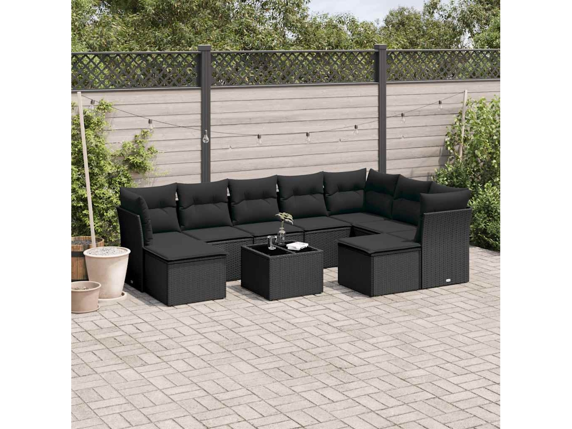 Vidaxl 10 Pcs Conjunto Sofás De Jardim C/ Almofadões Vime Pe Preto