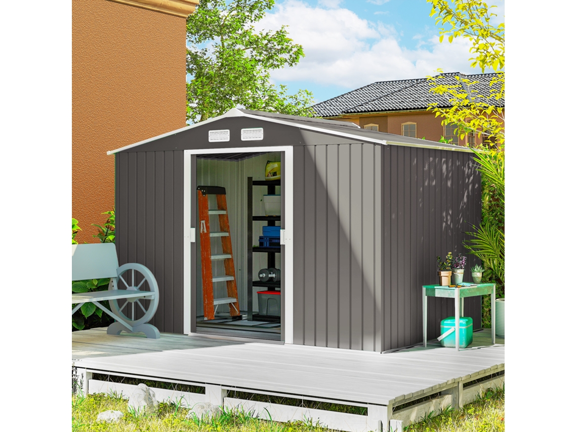 Abrigo Metálico Cinza Para Jardim 4,83m² - 277x195x192cm Com Base Reforçada Para Armazenamento De Ferramentas