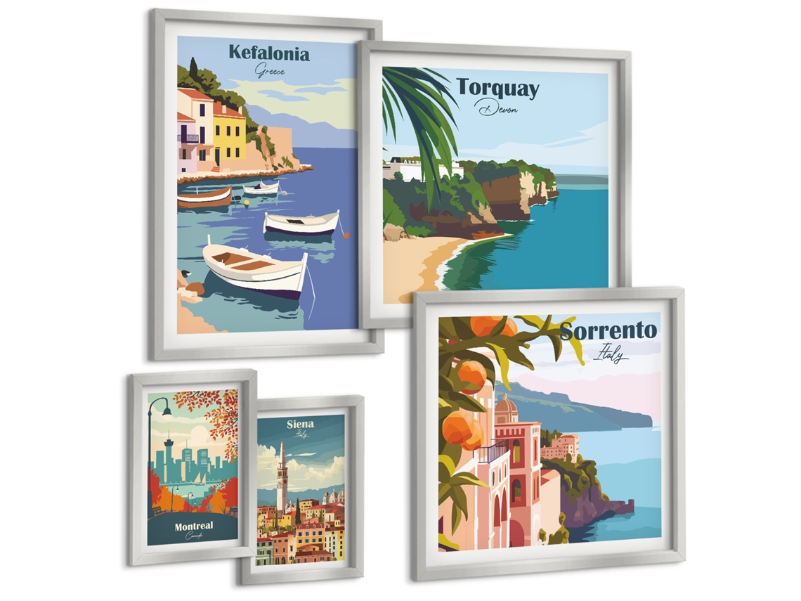 Conjunto De Pinturas Paisagens Marítimas, Limões E Janelas Moldura Prateada Quadros Para A Sala De Estar Espelharte (conjunto De 5 Imagens)