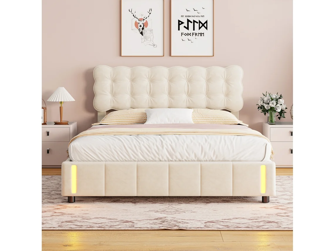 Cama Casal Led 140x200cm Veludo Bege Com Armazenamento Hidráulico E Luz Sensor