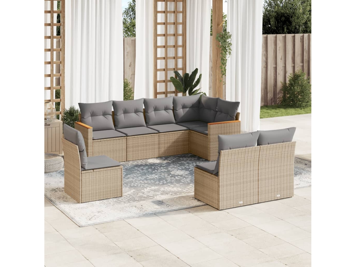 Vidaxl 8 Pcs Conj. Sofás Jardim C/ Almofadões Vime Pe Bege Misturado