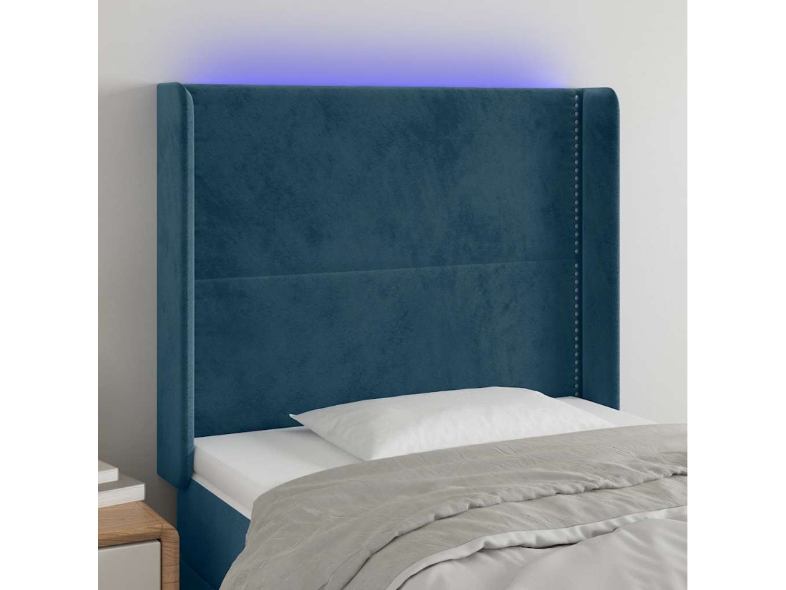 Vidaxl Cabeceira Cama C/ Luzes Led Veludo 103x16x118/128cm Azul-escuro