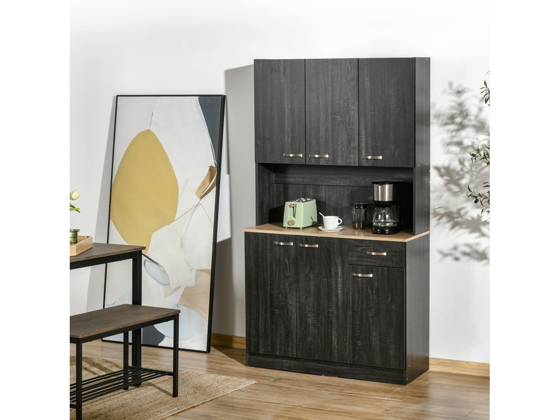 Armário De Cozinha Aparador Sala Jantar Com 1 Gaveta 6 Portas E Prateleiras Ajustáveis Moderno 101x39x180 Cm Preto E Madeira