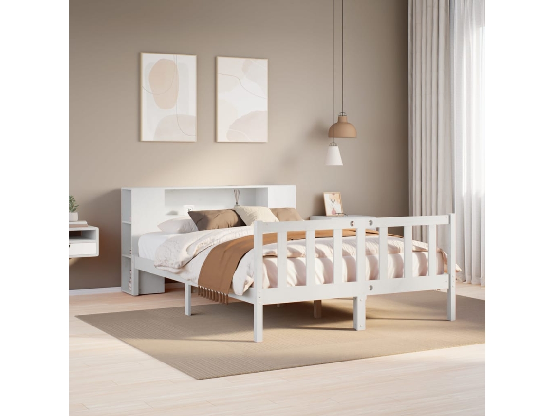Cama Com Estante Sem Colchão 140x200 Cm Pinho Maciço Branco