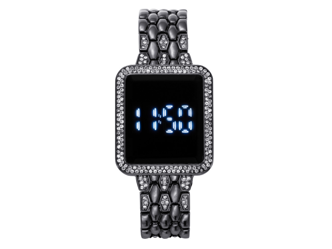 Relógio Digital Feminino (preto) Com Tela Sensível Ao Toque Led Cravejada De Diamantes E Pulseira Elegante Em Aço Inoxidável.