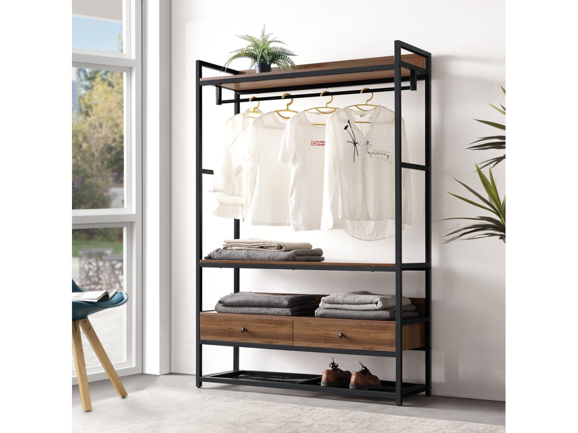 Isen Entrance Furniture com 2 gavetas 4 prateleiras de metal e MDF 180 x 120 x 40 cm Black and Walnut Effect [EN.CASA]