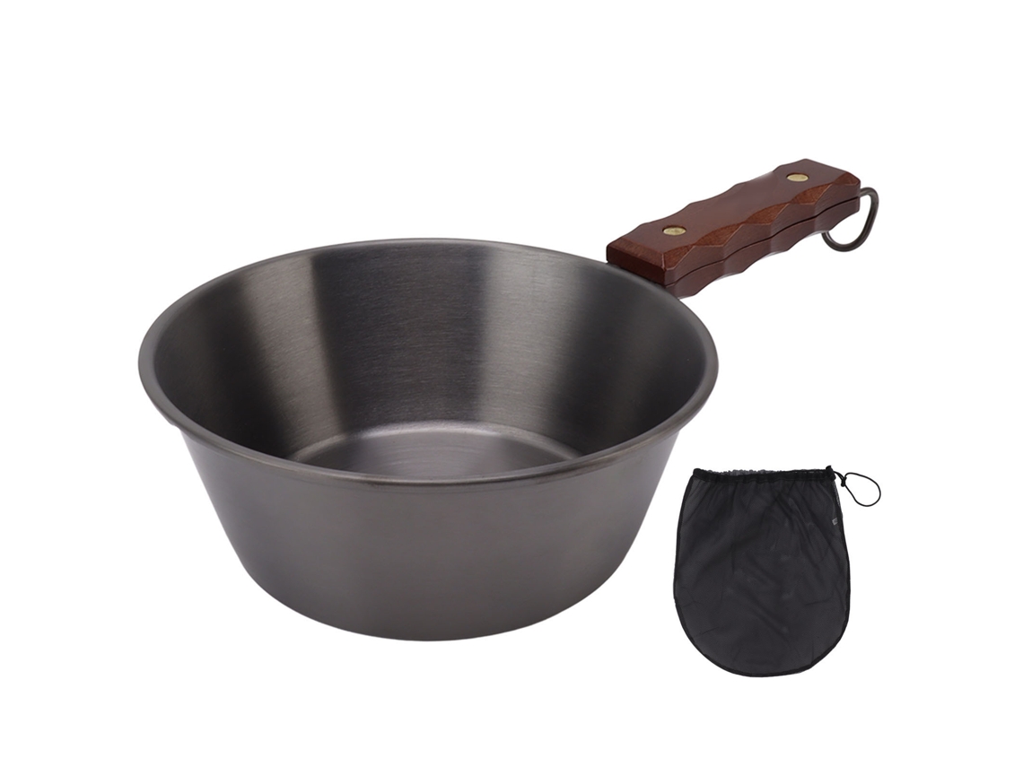 Frigideira de Camping Aço Inoxidável 304 2000ml Alça de Madeira Portátil para Outdoor Hiking