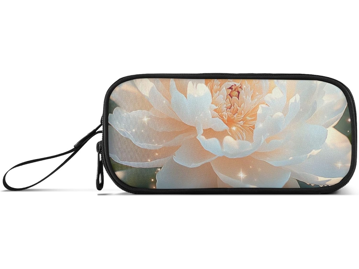Estojo de Nylon Grande Capacidade com Flores Peônia Branca Brilhantes, Ideal para Material Escolar Infantil, a