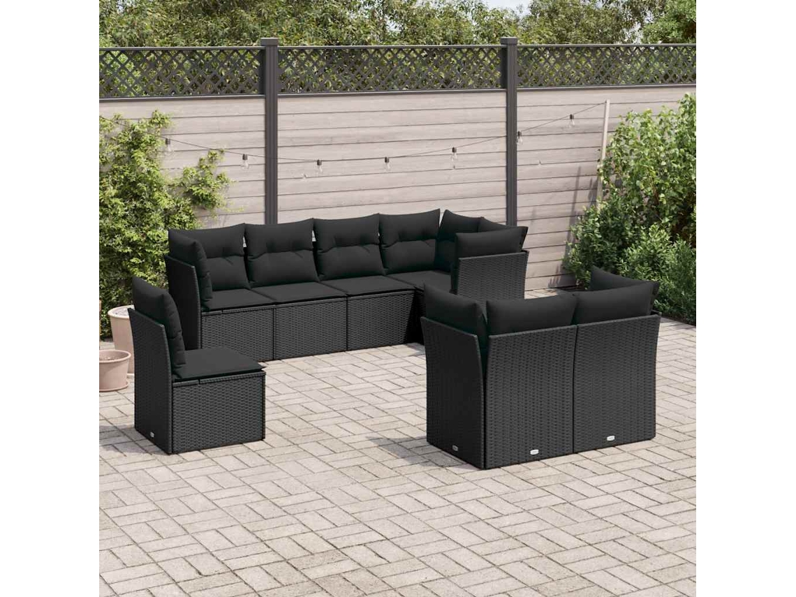 Vidaxl 8 Pcs Conjunto Sofás De Jardim Com Almofadões Vime Pe Preto