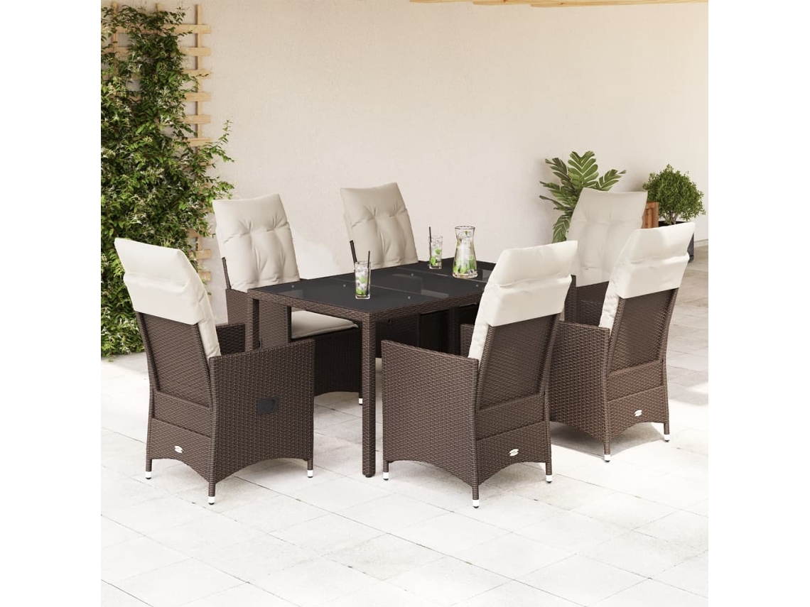 Vidaxl 7 Pcs Conjunto Jantar P/ Jardim C/ Almofadões Vime Pe Castanho