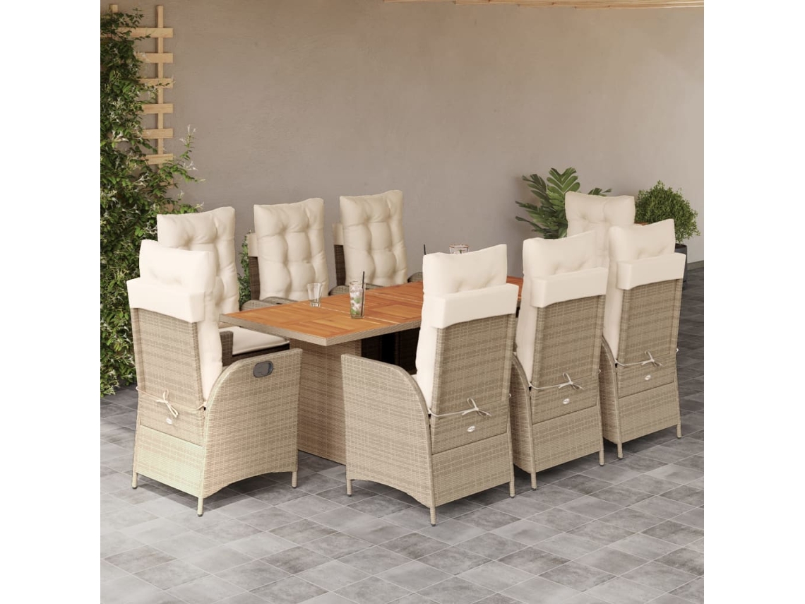 Conjunto 9 Peças Jantar P/ Jardim Com Almofadões Vime Pe Bege Dkd Home Decor