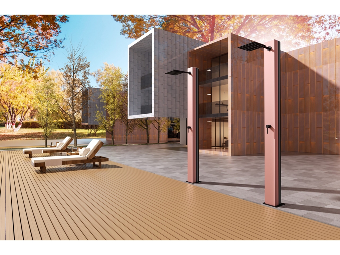 Chuveiro Para Piscina Em Aço 316 Na Cor Rosa Coral E Preto Fosco, Com Torneira Monocomando E Difusor Anticalcário Imex.