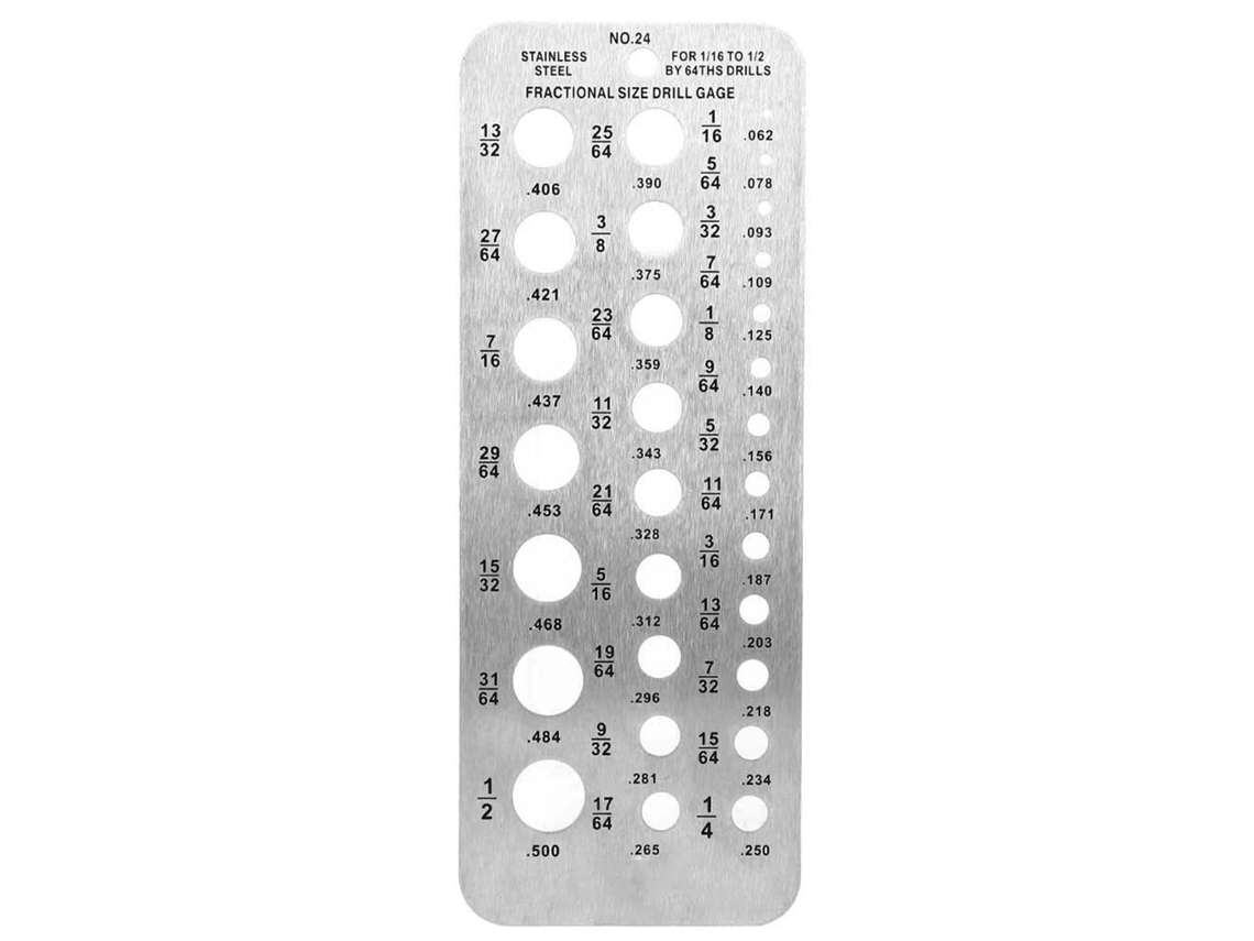 Medidor de diâmetro de brocas em aço inoxidável com 29 medidas para medir o diâmetro de parafusos, fios e brocas.