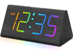 Lurelia Despertador De Madeira Com Bateria Recarregável, Acabamento Em Madeira, Alimentação Usb, Brilho Ajustável, Função Snooze, Preto Rgb