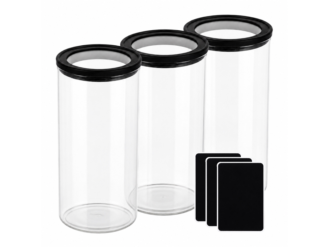 Frascos De Vidro Relaxdays, Conjunto De 3, 1200 Ml, Tampa Hermética, Etiquetas, Cozinha, Transparente/preto