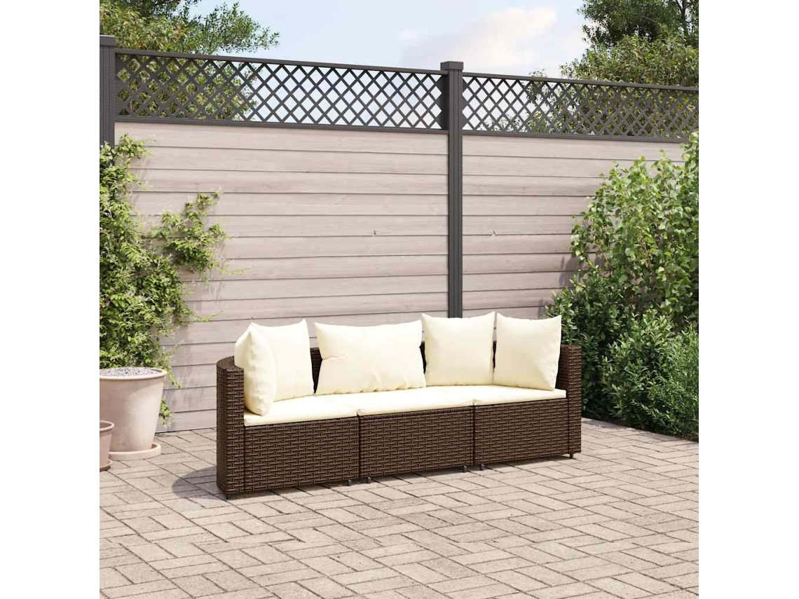 Vidaxl 3 Pcs Conjunto Sofás De Jardim Com Almofadões Vime Pe Castanho