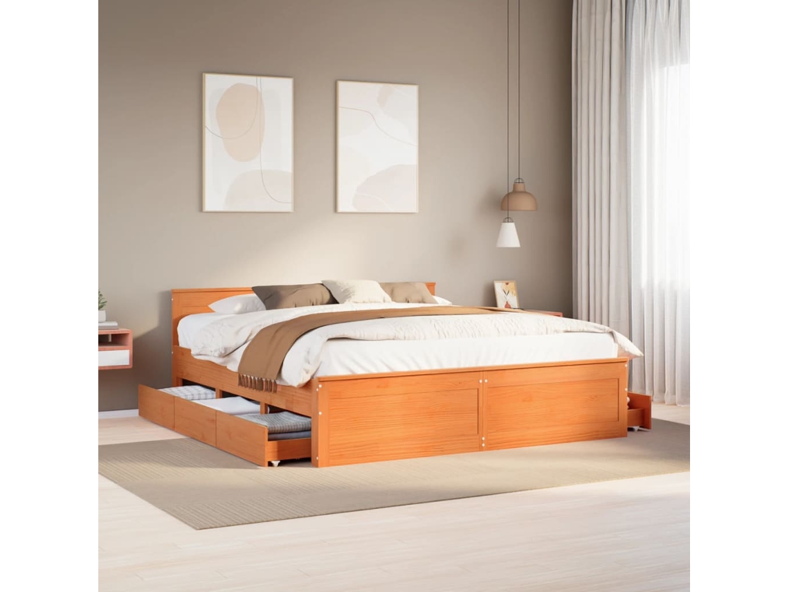 Vidaxl Cama Sem Colchão C/ Cabeceira Madeira Pinho Maciça Castanho-mel