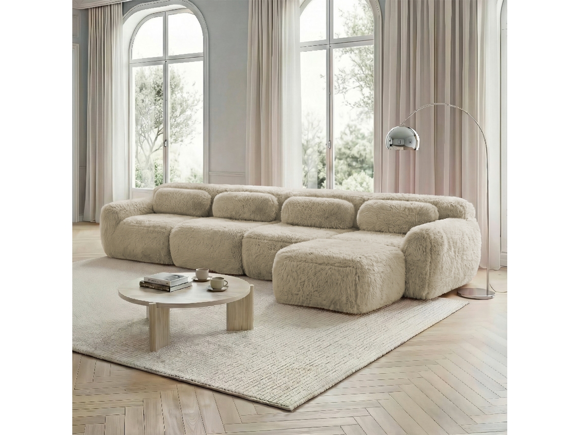 Sofá L 4 Lugares Modular, Tecido Premium, Almofadas, Chaise-longue, Espuma Hr, Cinza Claro.