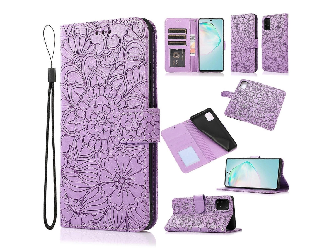 Capa De Couro Com Estampa De Girassol Em Relevo, Formato Flip Horizontal, Para Samsung Galaxy A91, Com Suporte, Compartimentos Para Cartões, Carteira