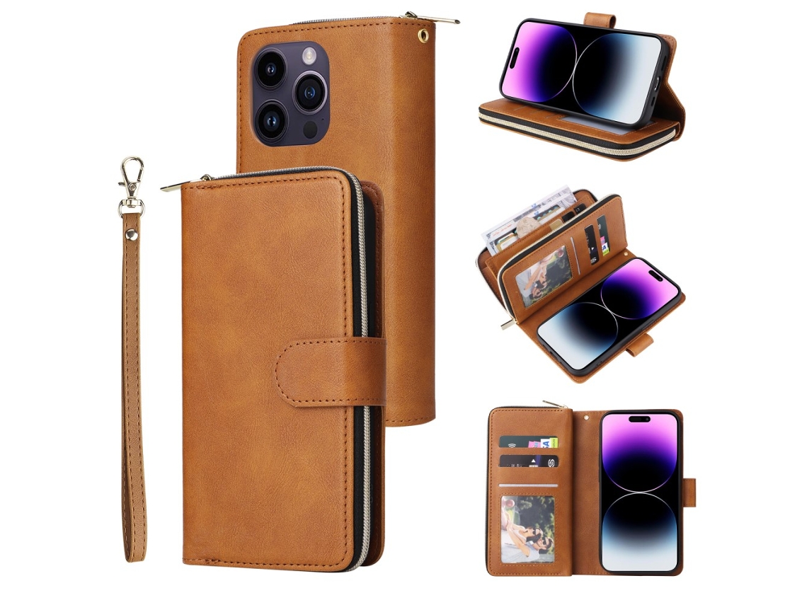Capa Para Iphone 15 Pro Max Pele Sintética Com Porta-cartões Castanho