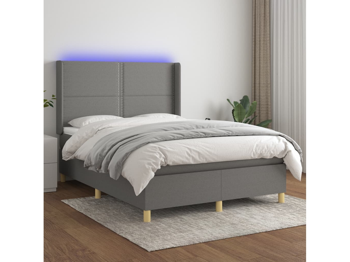Vidaxl Cama Box Spring C/ Colchão E Led 140x190 Cm Tecido Cinza-escuro