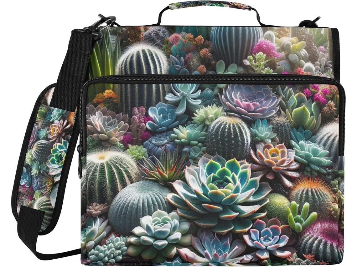 Organizador de massas com estampa vibrante de suculentas, 3 argolas, camada impermeável com zíper para laptop e bolsas.
