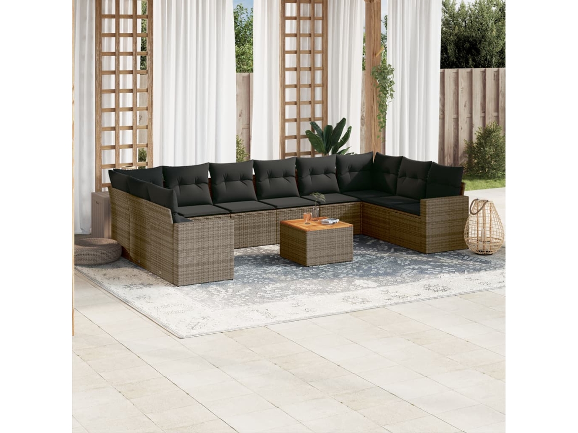 Vidaxl 11 Pcs Conjunto Sofás De Jardim C/ Almofadões Vime Pe Cinzento